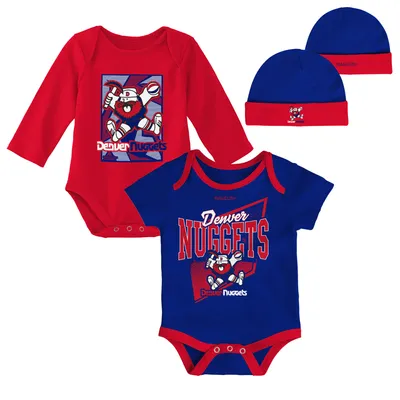 Denver Nuggets Mitchell & Ness Infant Hardwood Classics Bodysuits Cuffed Knit Hat Set - Blue/Red