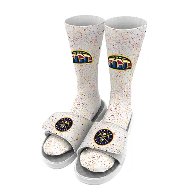 Denver Nuggets ISlide Team Logo Speckle Socks & Slide Sandals Bundle - White