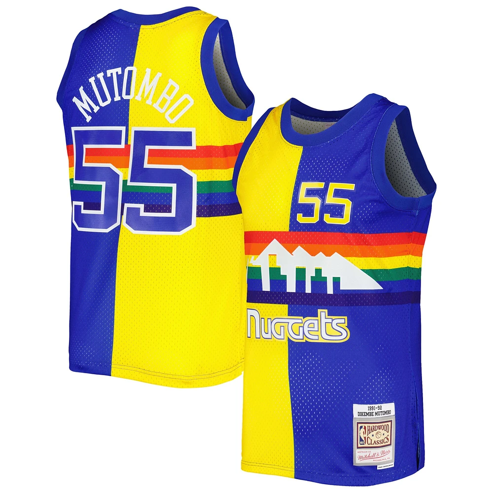 Maillot Swingman divisé Mitchell & Ness Dikembe Mutombo Royal/Or Denver Nuggets Hardwood Classics 1991/92 pour hommes