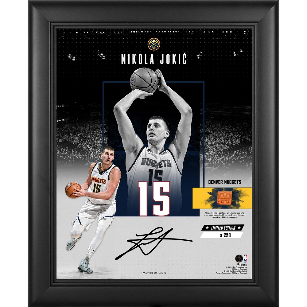 Nikola Jokic Denver Nuggets Fac-similé Signature Collage Encadré 11" x 14 " Impact avec un morceau de basket-ball utilisé par l'équipe - Édition limitée à 250