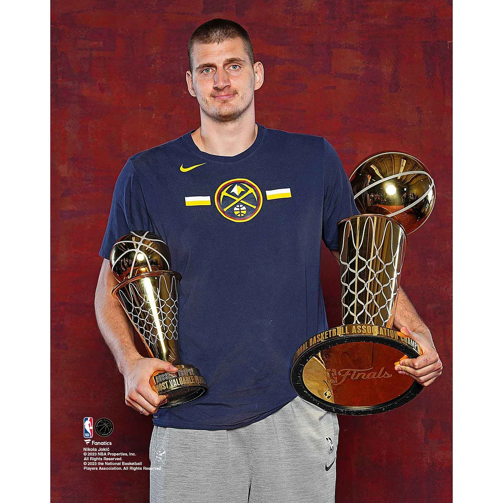 Nikola Jokic Denver Nuggets Unsigned 2023 NBA Champion Trophy Shot Photograph