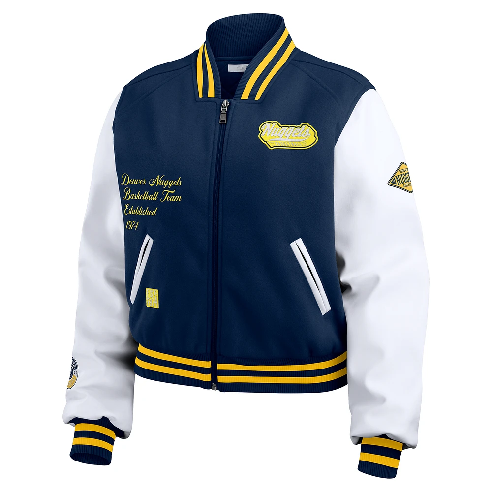 Women's WEAR by Erin Andrews Navy/White Denver Nuggets Cropped Varsity Full-Zip Jacket