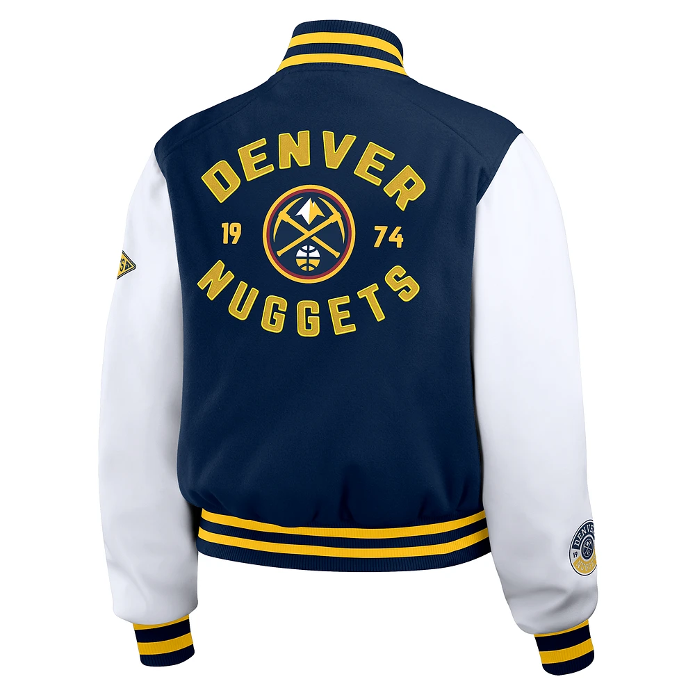 Women's WEAR by Erin Andrews Navy/White Denver Nuggets Cropped Varsity Full-Zip Jacket