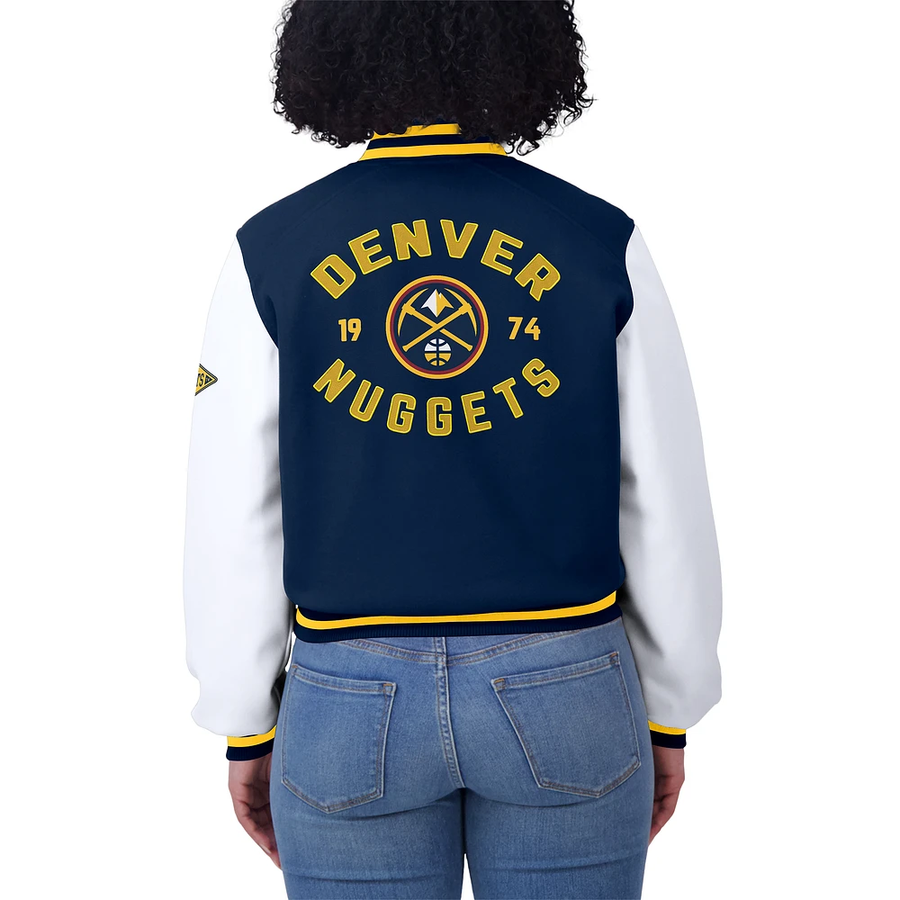 Women's WEAR by Erin Andrews Navy/White Denver Nuggets Cropped Varsity Full-Zip Jacket