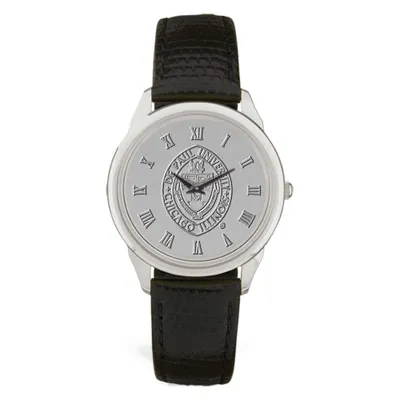 DePaul Blue Demons Medallion Black Leather Wristwatch - Silver