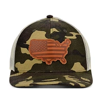 Casquette ajustable Snapback en cuir pour hommes, couronnes locales, camouflage/naturel, USA Woodland Leather State Patch Trucker