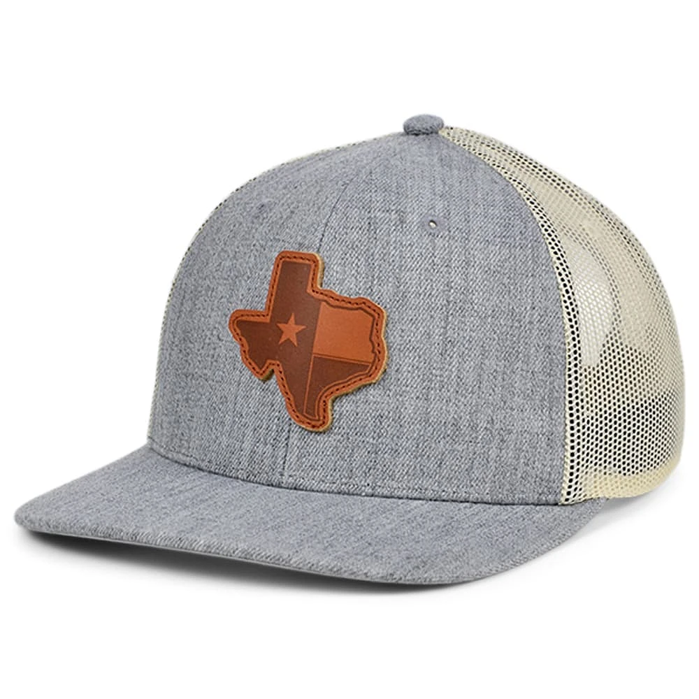 Local Crowns Heather Grey/White Texas Heathered Leather State Patch Trucker Snapback Casquette ajustable pour homme