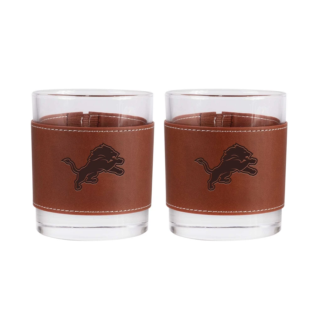 Lot de 2 verres à whisky Detroit Lions de 12 oz avec emballage en cuir