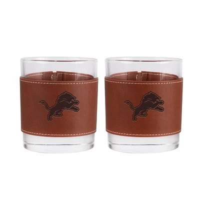 Lot de 2 verres à whisky Detroit Lions de 12 oz avec emballage en cuir