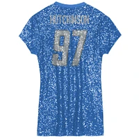 Girls Youth Aidan Hutchinson Blue Detroit Lions Sequin Player Name & Number V-Neck Dress