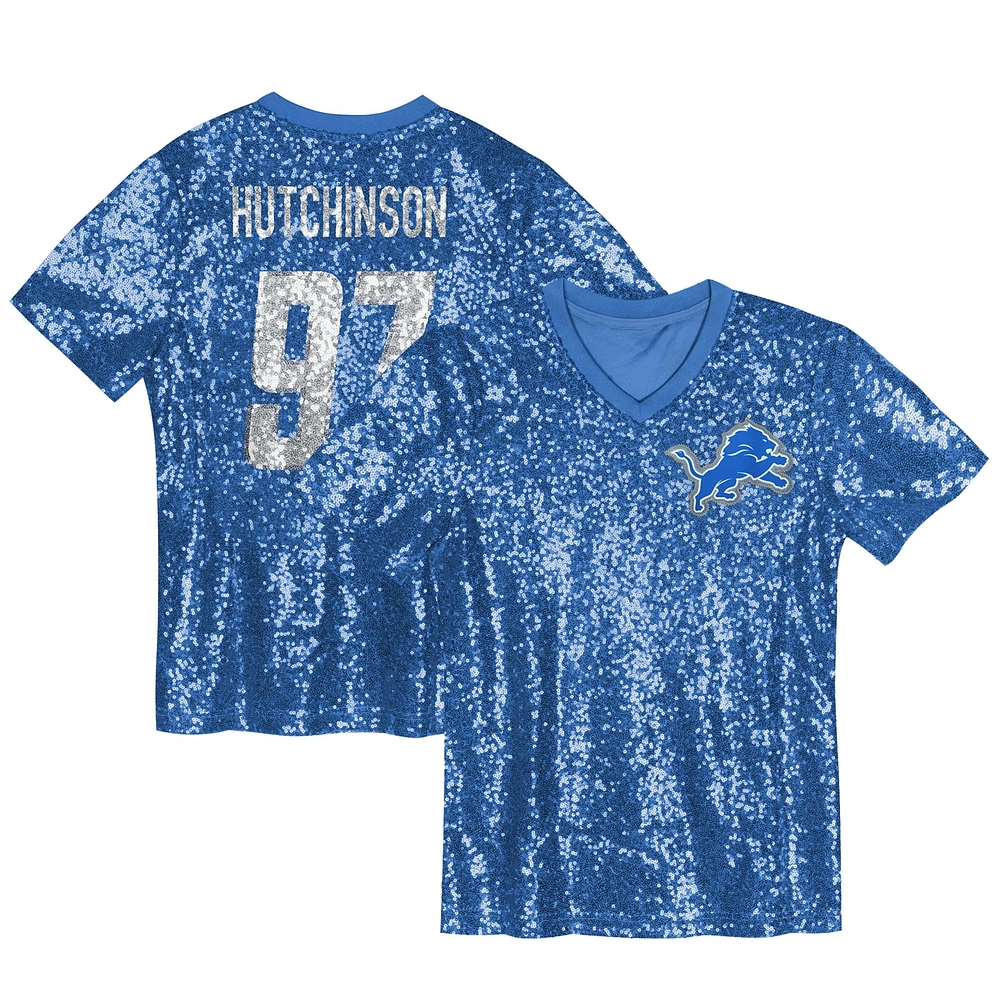 Maillot à col en V sequins bleu Detroit Lions Aidan Hutchinson pour jeunes filles