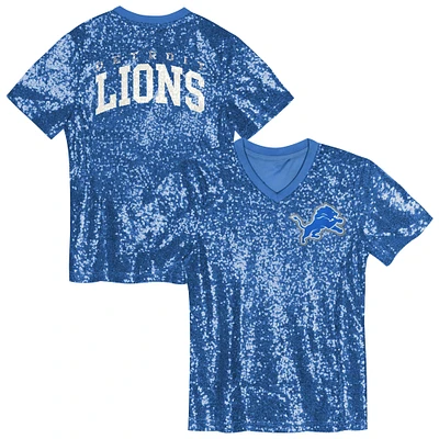 Girls Youth Blue Detroit Lions Wordmark Sequin V-Neck Top