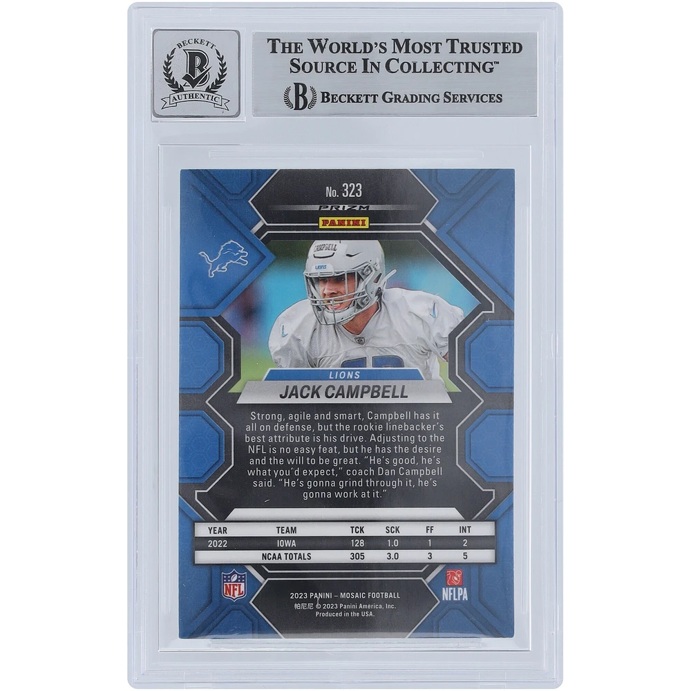 Jack Campbell Detroit Lions Autographed 2023 Panini Mosaic Reactive Blue Mosaic #323 Beckett Fanatics Witnessed Authenticated 9/10 Rookie Card 