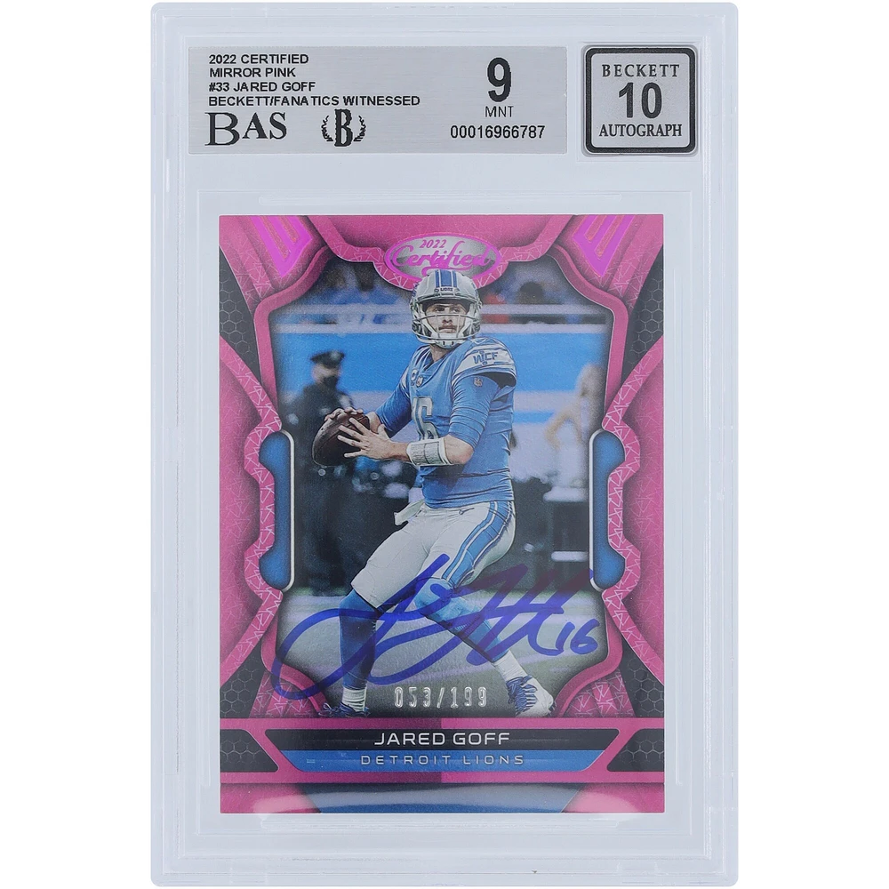 Jared Goff Detroit Lions Autographed 2022 Panini Certified Mirror Pink #33 #/199 Beckett Fanatics Witnessed Authenticated 9/10 Card