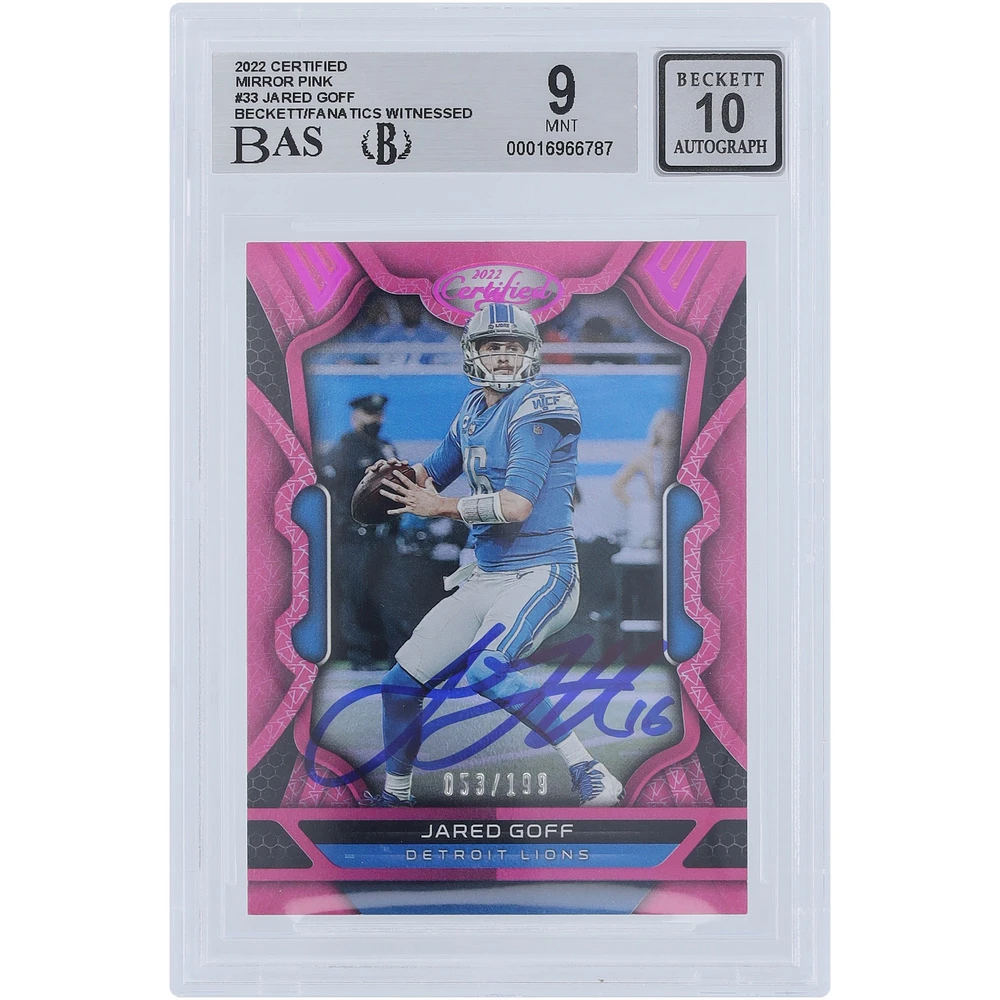 Jared Goff Detroit Lions Autographed 2022 Panini Certified Mirror Pink #33 #/199 Beckett Fanatics Witnessed Authenticated 9/10 Card