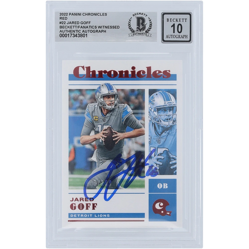 Jared Goff Detroit Lions Autographed 2022 Panini Chronicles Red #22 #/199 Beckett Fanatics Witnessed Authenticated 10 Card 