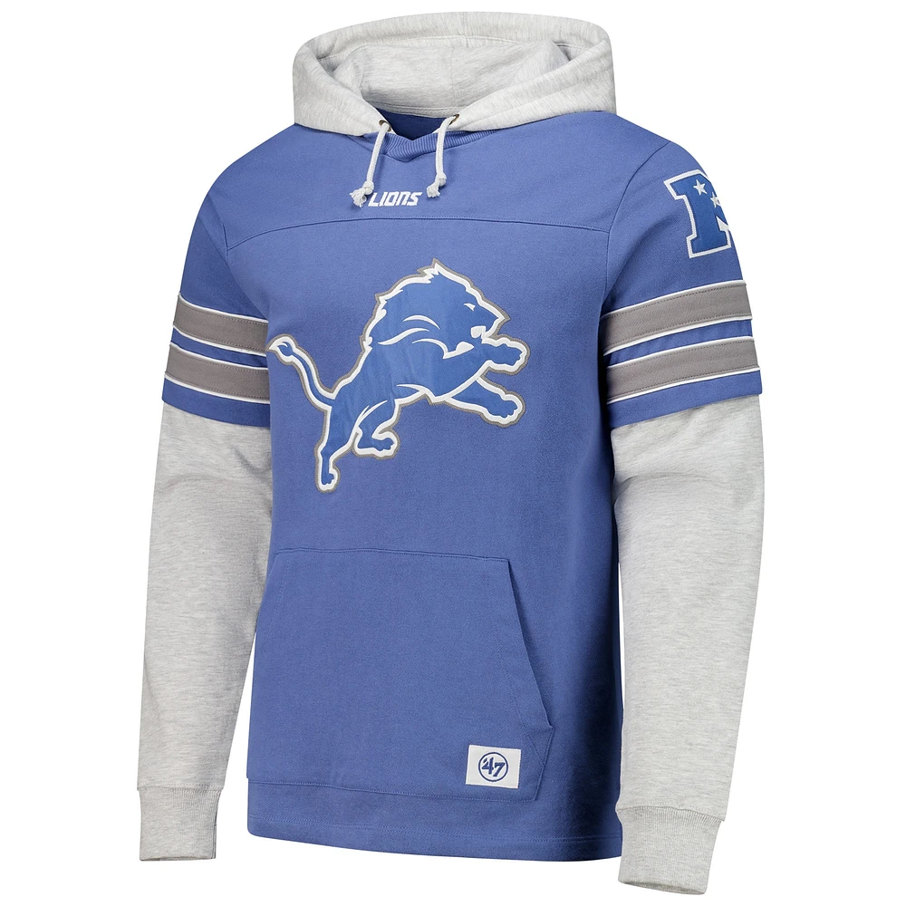 Men's '47 Blue Detroit Lions Double Header Blitz Cornerback Pullover Hoodie