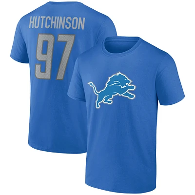 T-shirt bleu pour homme Aidan Hutchinson avec nom et numéro de joueur des Lions Detroit