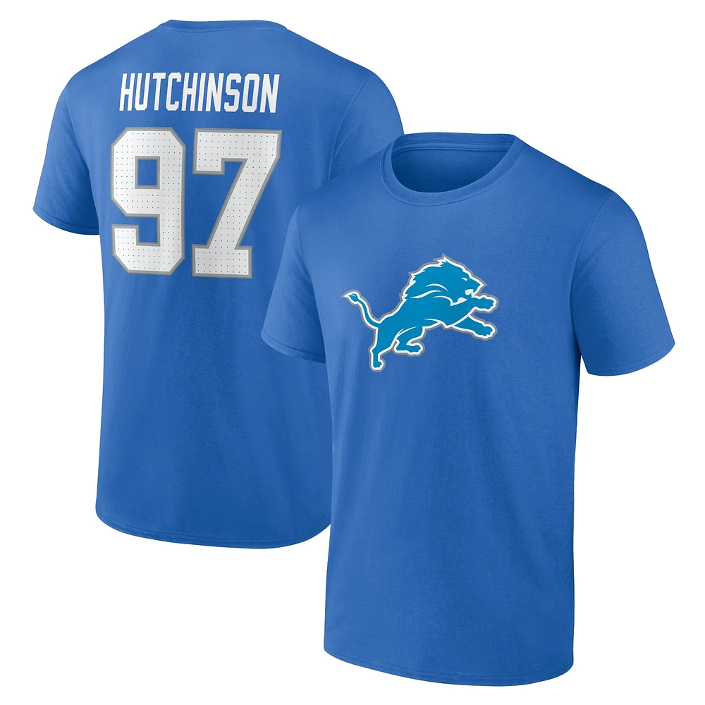 T-shirt avec nom et numéro d'icône de joueur des Detroit Lions Fanatics Aidan Hutchinson pour hommes, bleu