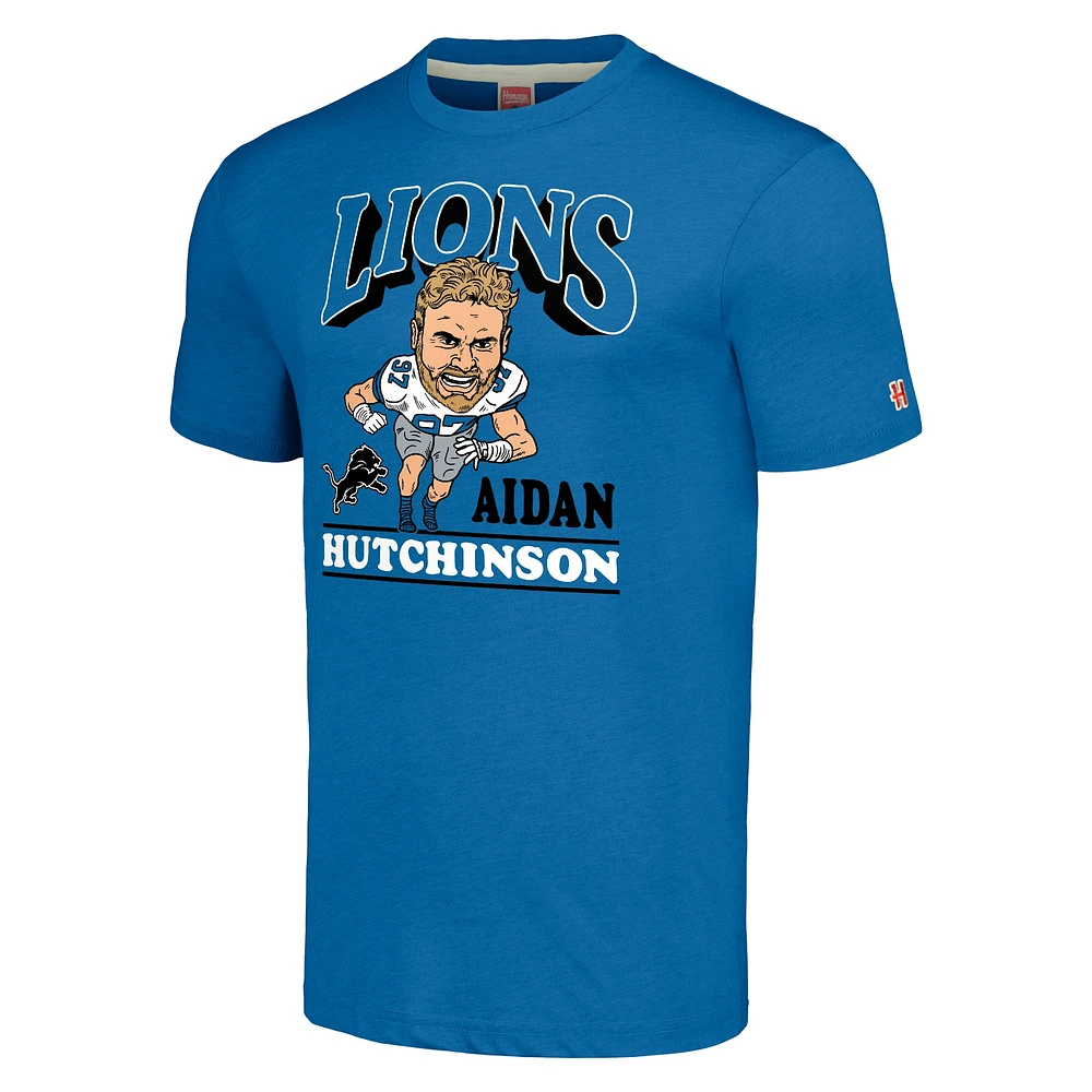 T-shirt à trois mélanges pour hommes, hommage Aidan Hutchinson, bleu chiné, joueur de caricature des Detroit Lions