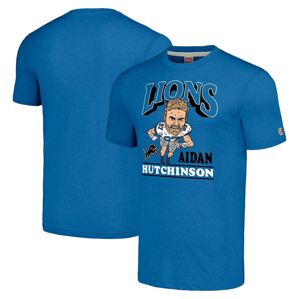 T-shirt à trois mélanges pour hommes, hommage Aidan Hutchinson, bleu chiné, joueur de caricature des Detroit Lions