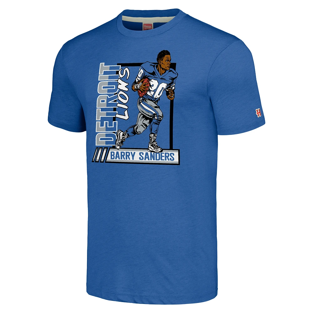 T-shirt bleu à trois bandes pour homme avec hommage Barry Sanders, joueur retraité des Lions de Detroit