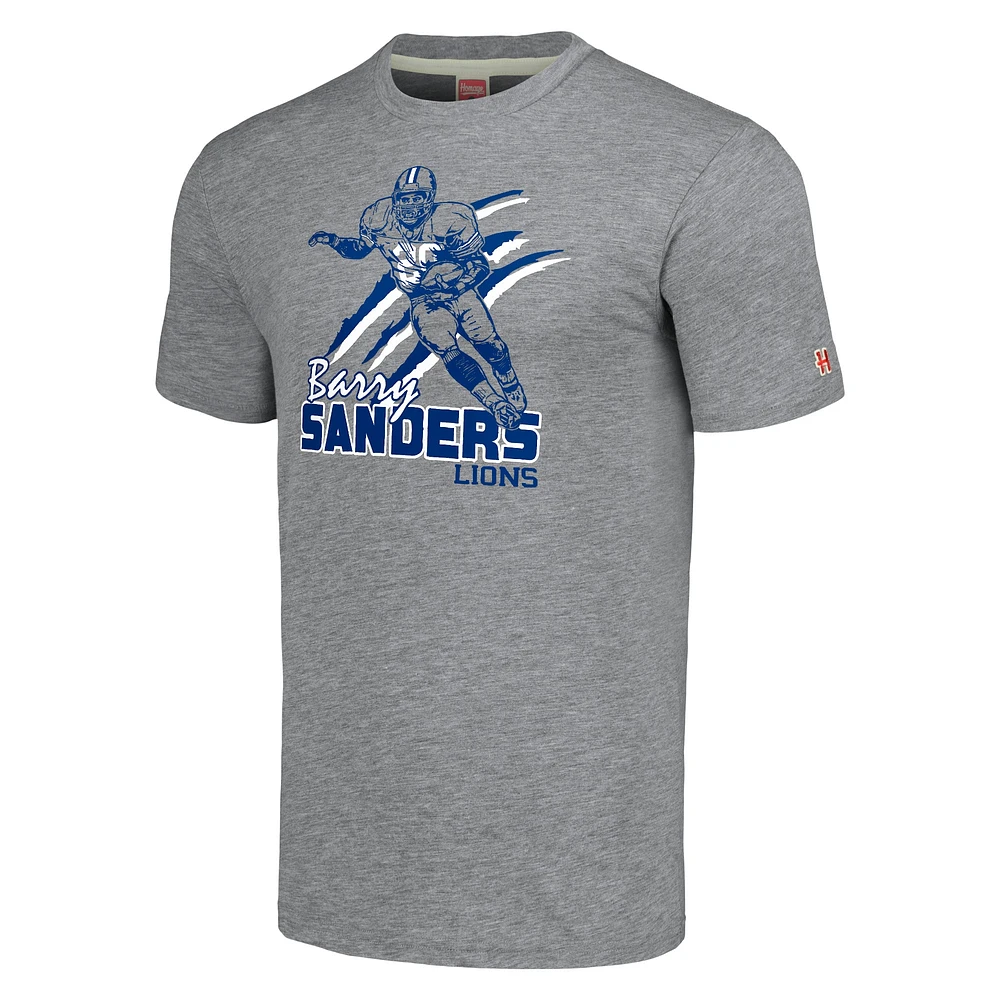 Men's Homage  Barry Sanders Heathered Gray Detroit Lions Caricature Retired Player Tri-Blend T-Shirt