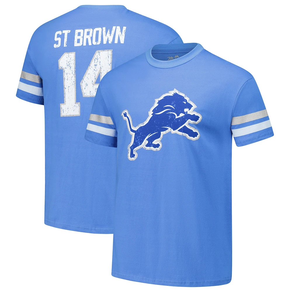 T-shirt surdimensionné pour homme avec nom et numéro de joueur Amon-Ra St. Brown Blue Detroit Lions Majestic Threads