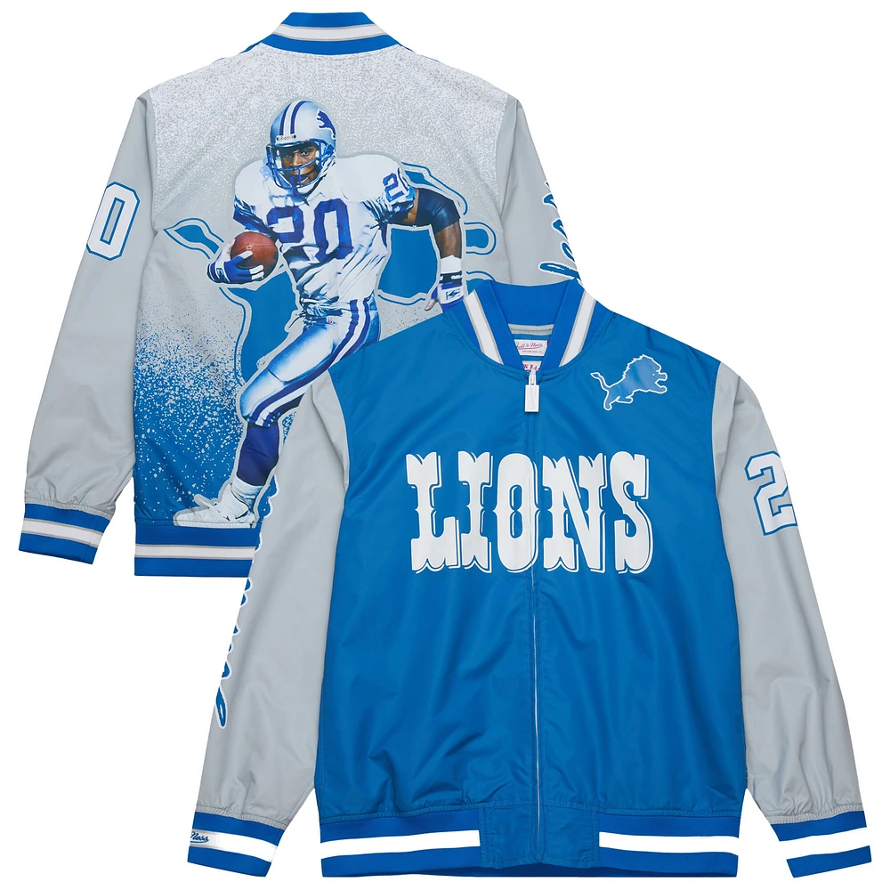 Veste en satin à fermeture éclair intégrale pour homme Mitchell & Ness Barry Sanders, joueur retraité des Lions de Detroit, bleu