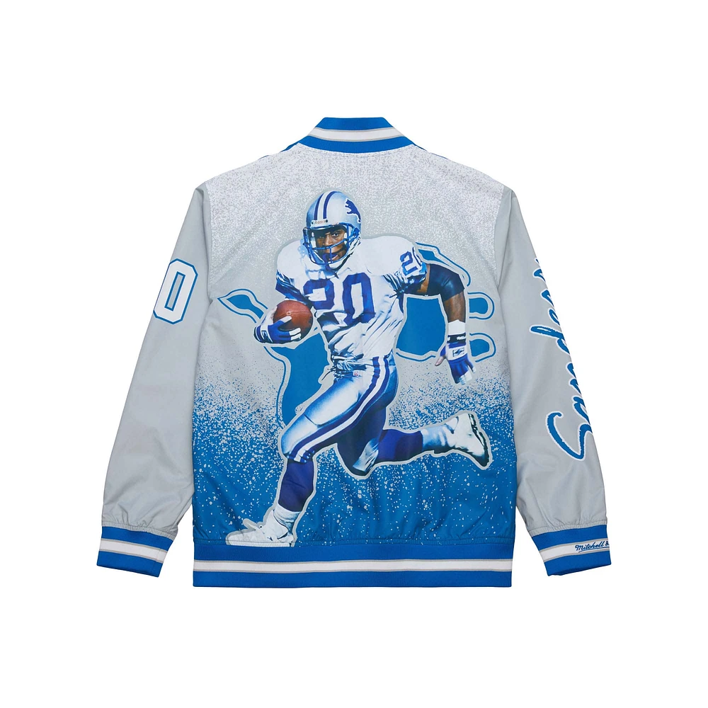 Veste en satin à fermeture éclair intégrale pour homme Mitchell & Ness Barry Sanders, joueur retraité des Lions de Detroit, bleu