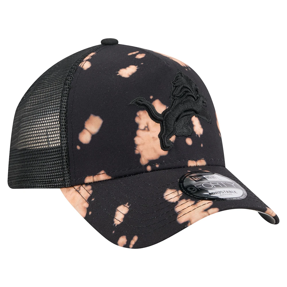 Men's New Era Black Detroit Lions Bleached A-Frame 9FORTY Trucker Adjustable Hat
