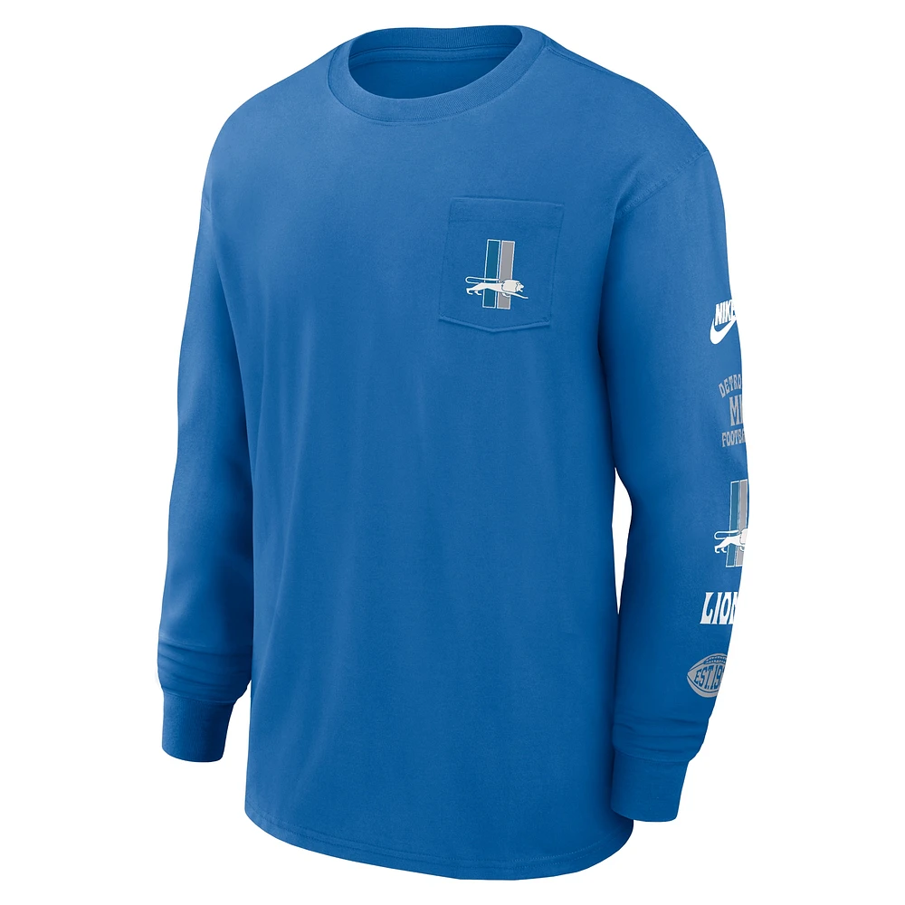 Men's Nike Blue Detroit Lions Rewind Heavy Max 90 Pocket Long Sleeve T-Shirt