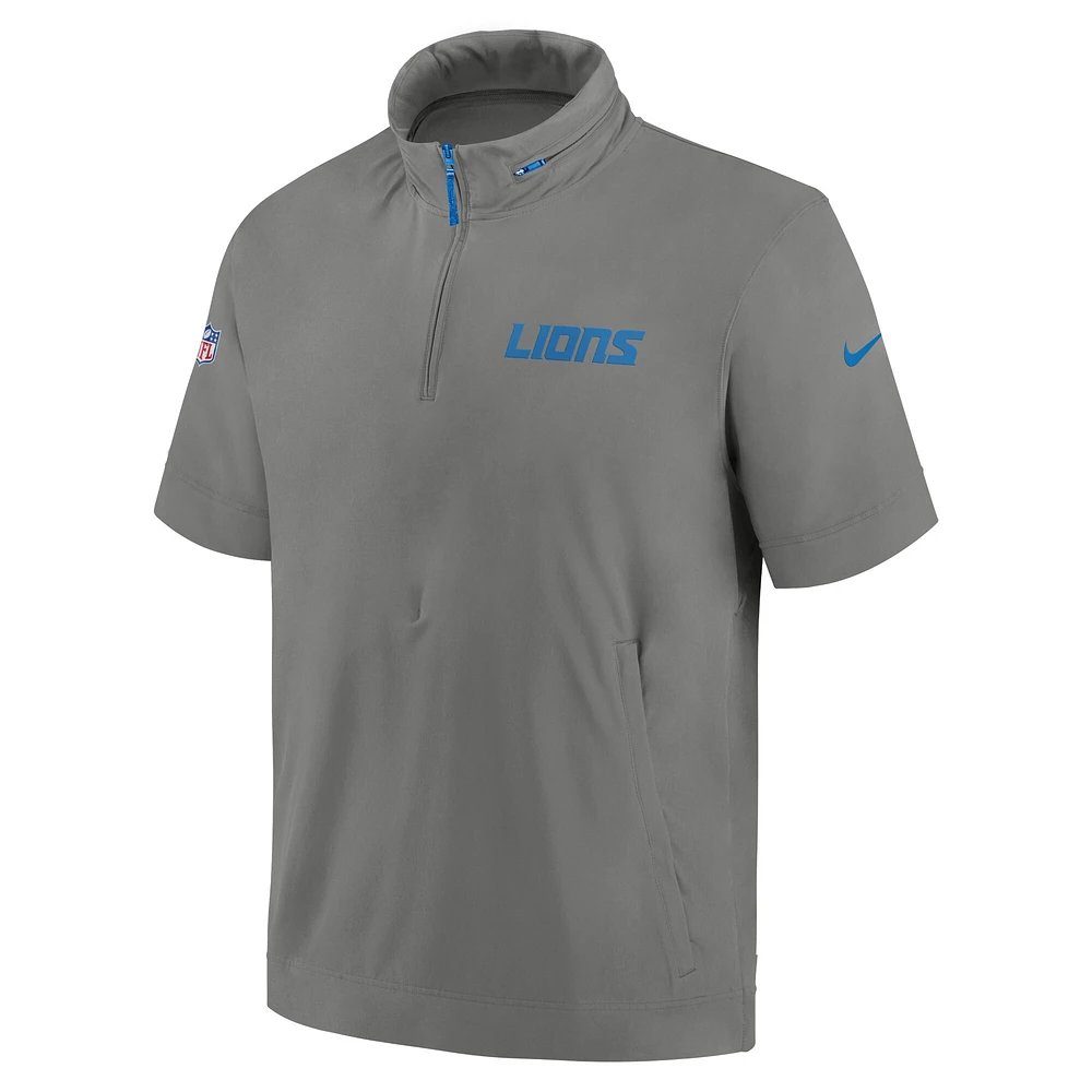 Veste à capuche manches courtes et demi-zip Nike Detroit Lions 2024 Sideline Coach pour homme Gris
