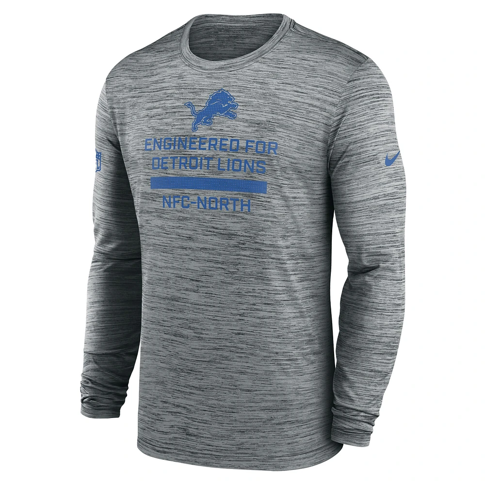 T-shirt Nike gris à manches longues pour homme Detroit Lions Sideline Velocity Performance