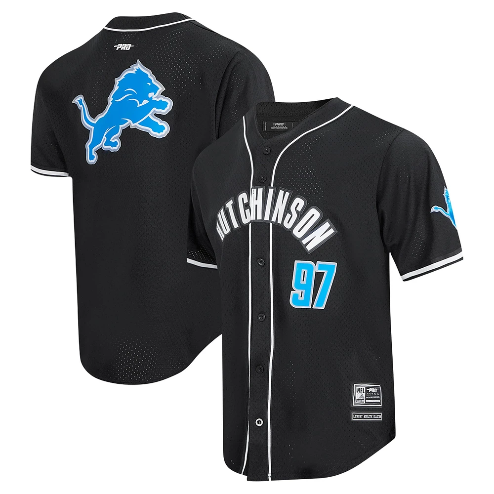 Men's Pro Standard Aidan Hutchinson Black Detroit Lions Mesh Button-Up Baseball Jersey