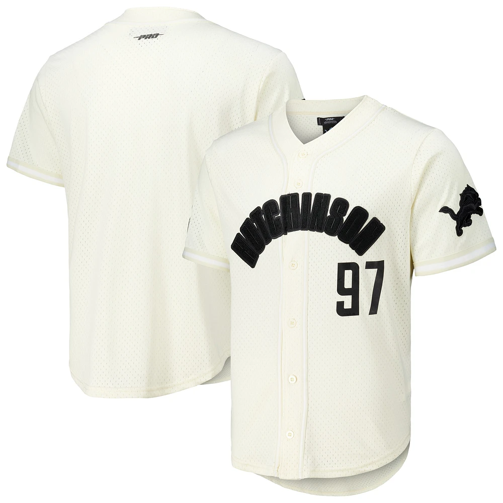 Maillot de baseball boutonné triple ton sur Pro Standard Aidan Hutchinson pour hommes, crème, Detroit Lions, nom et numéro