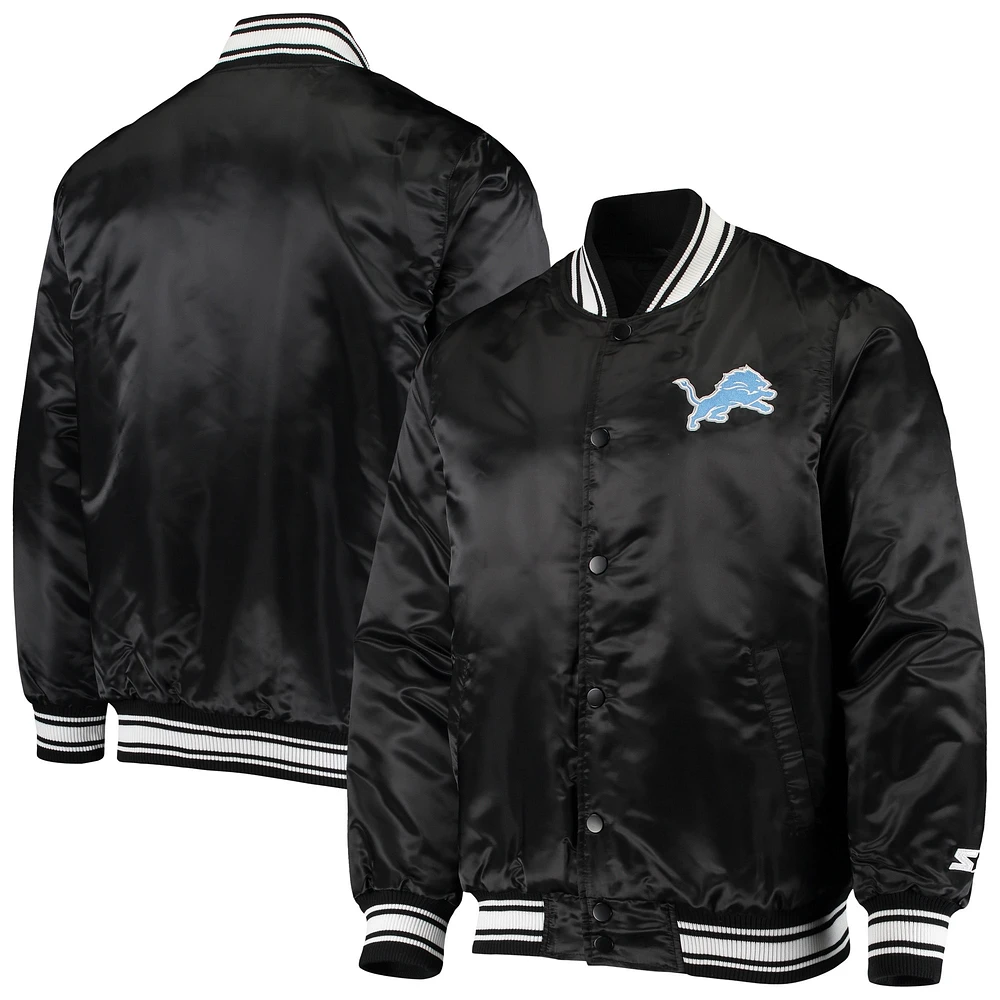 Men's Starter Black Detroit Lions Locker Room Satin Varsity Full-Snap Jacket