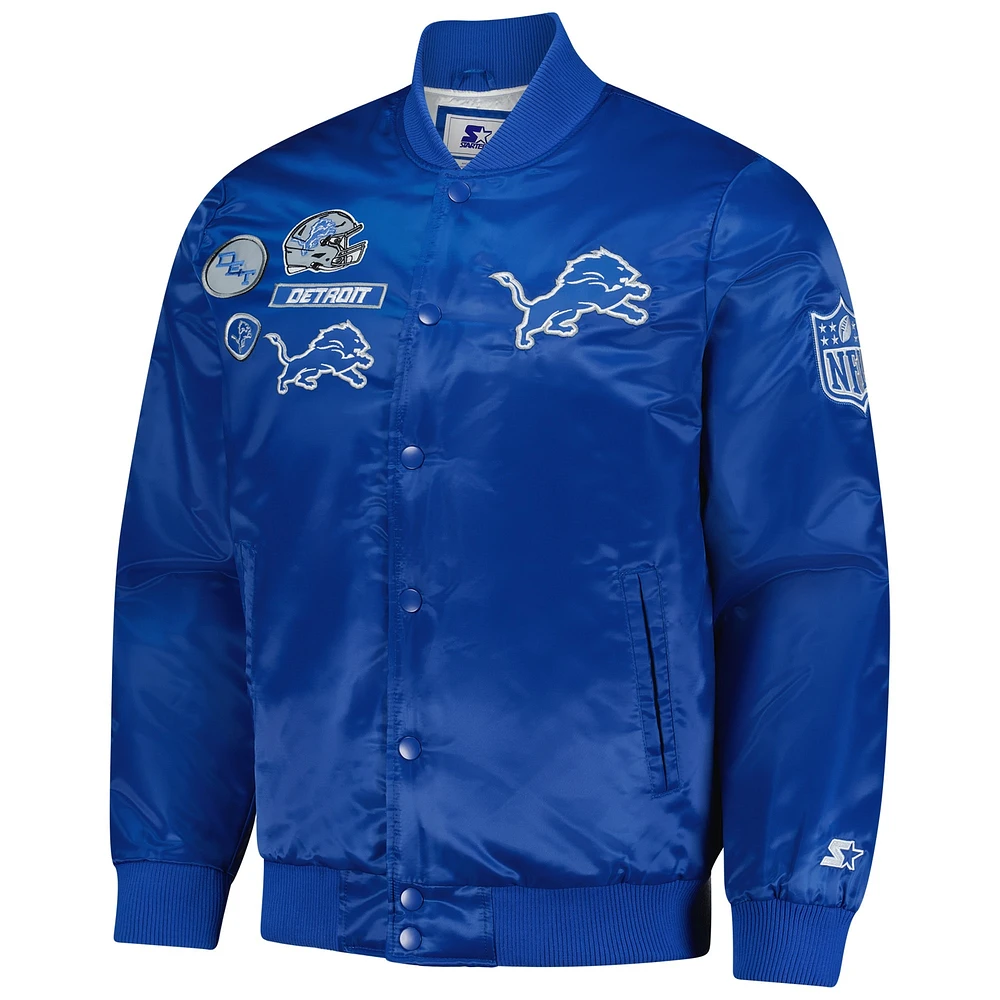 Veste universitaire en satin bleu Detroit Lions pour homme, exclusive, avec boutons-pression