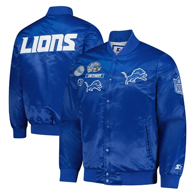 Veste universitaire en satin bleu Detroit Lions pour homme, exclusive, avec boutons-pression