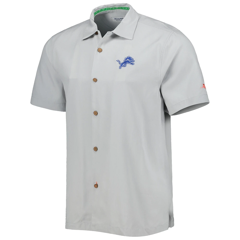 Men's Tommy Bahama Gray Detroit Lions Coconut Point Frondly Fan Camp IslandZone Button-Up Shirt