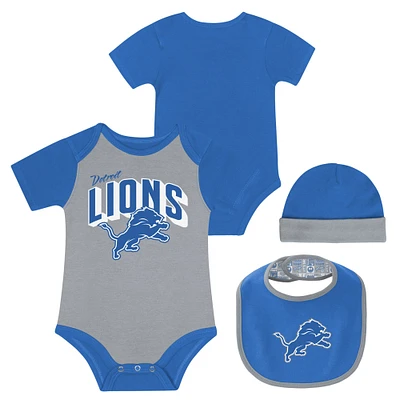 Ensemble body, bavoir et bonnet en tricot Detroit Lions Dynamic Duo pour nouveau-né bébé