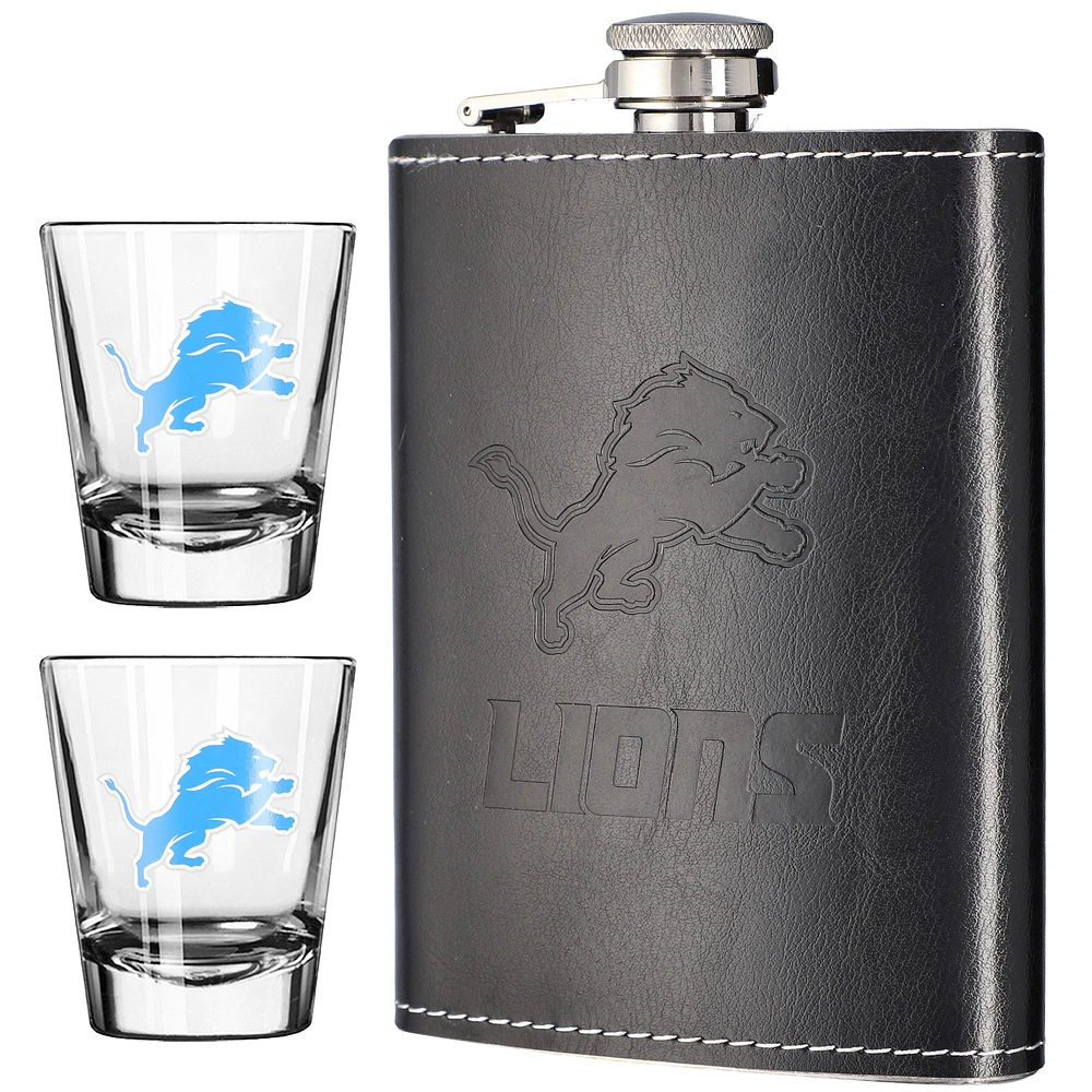 Ensemble de trois flasques en cuir de 8 oz et de verres à liqueur de 2 oz des Detroit Lions de The Memory Company