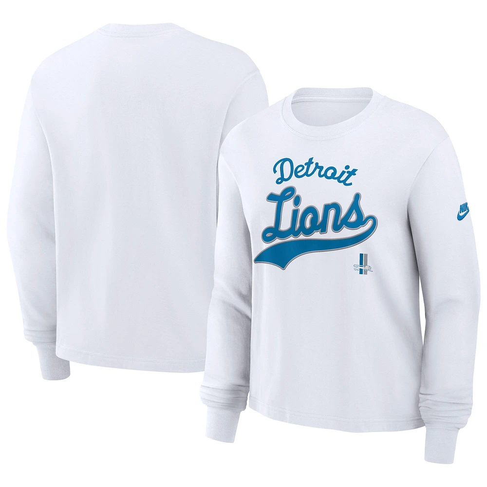 T-shirt Nike blanc à manches longues et coupe carrée pour femme Detroit Lions Essential