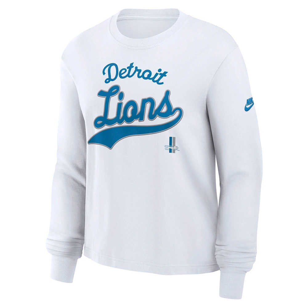 T-shirt Nike blanc à manches longues et coupe carrée pour femme Detroit Lions Essential