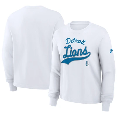 T-shirt Nike blanc à manches longues et coupe carrée pour femme Detroit Lions Essential
