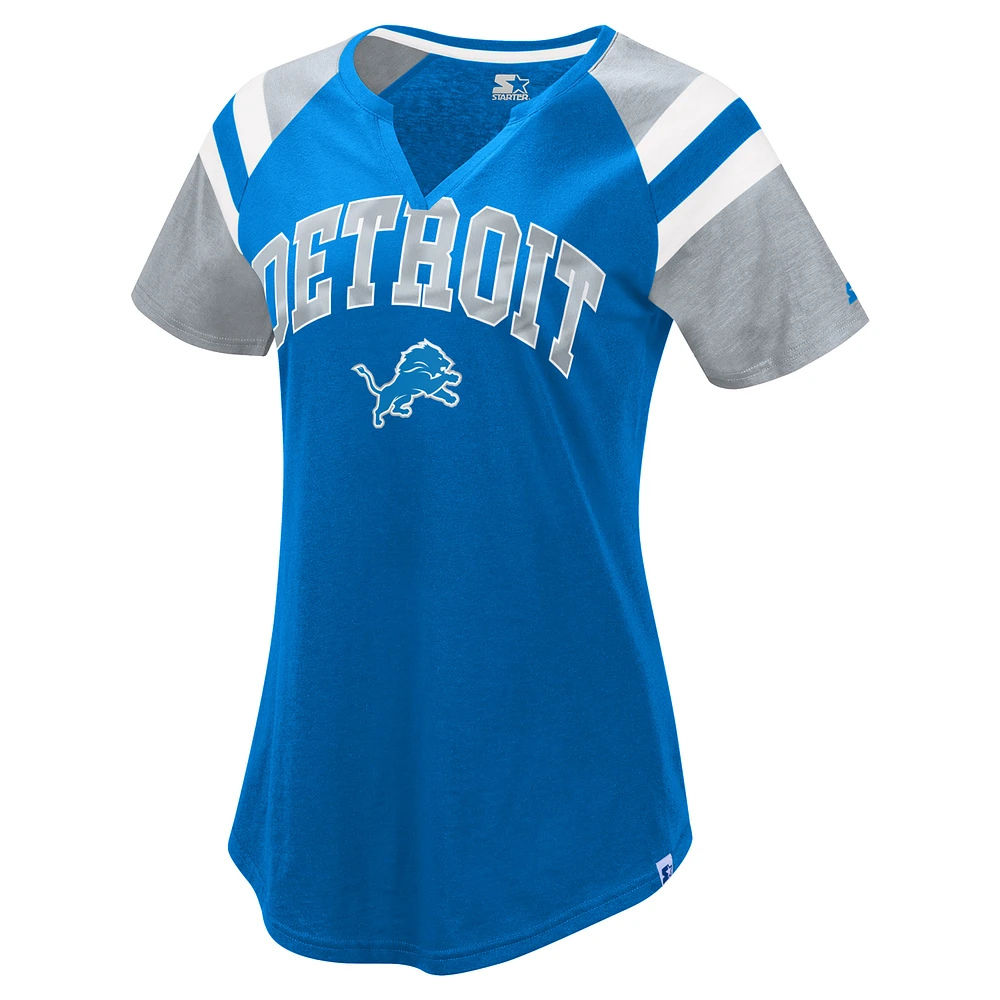 Women's Starter  Blue Detroit Lions Game On Notch Neck Raglan T-Shirt