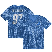 Maillot à col en V bleu pour femme Aidan Hutchinson avec nom et numéro de joueur des Lions Detroit