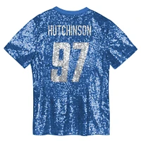 Maillot à col en V bleu pour femme Aidan Hutchinson avec nom et numéro de joueur des Lions Detroit