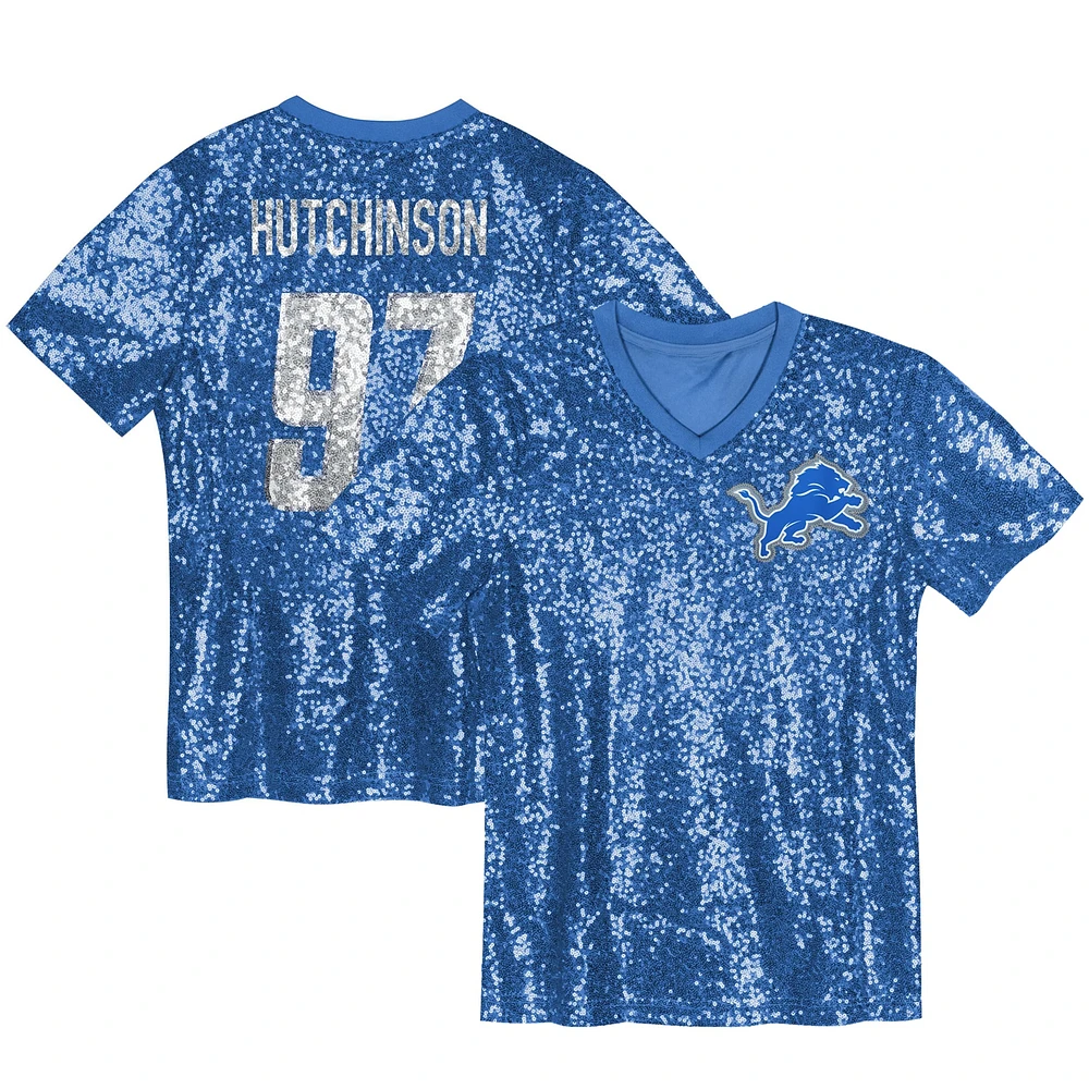 Maillot à col en V bleu pour femme Aidan Hutchinson avec nom et numéro de joueur des Lions Detroit