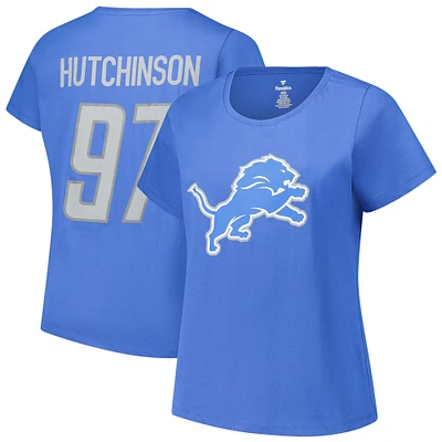 T-shirt à col rond bleu pour femme Aidan Hutchinson Detroit Lions avec nom et numéro Fair Catch, grande taille